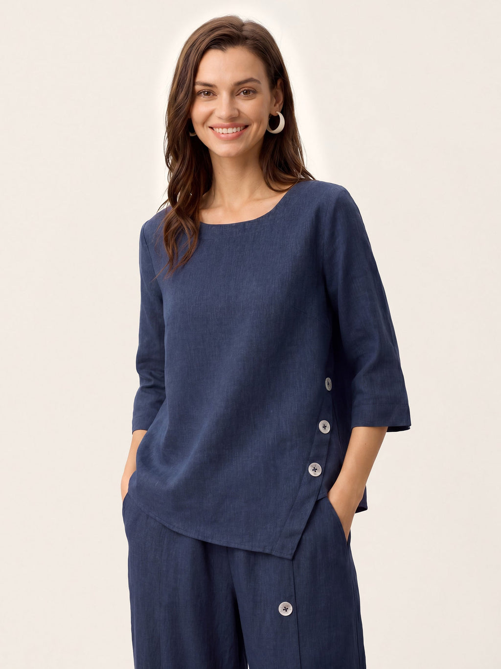 100% Linen Asymmetric-Hem Button-Trim Top NYLA
