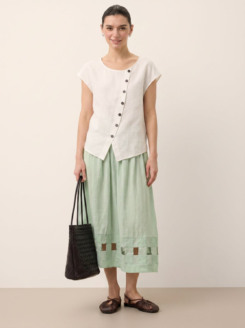 100% Linen Asymmetric Placket Cap Sleeve Top EVALINA