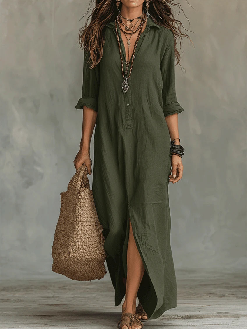 Soline | Black Long Flowy Dress with Buttons