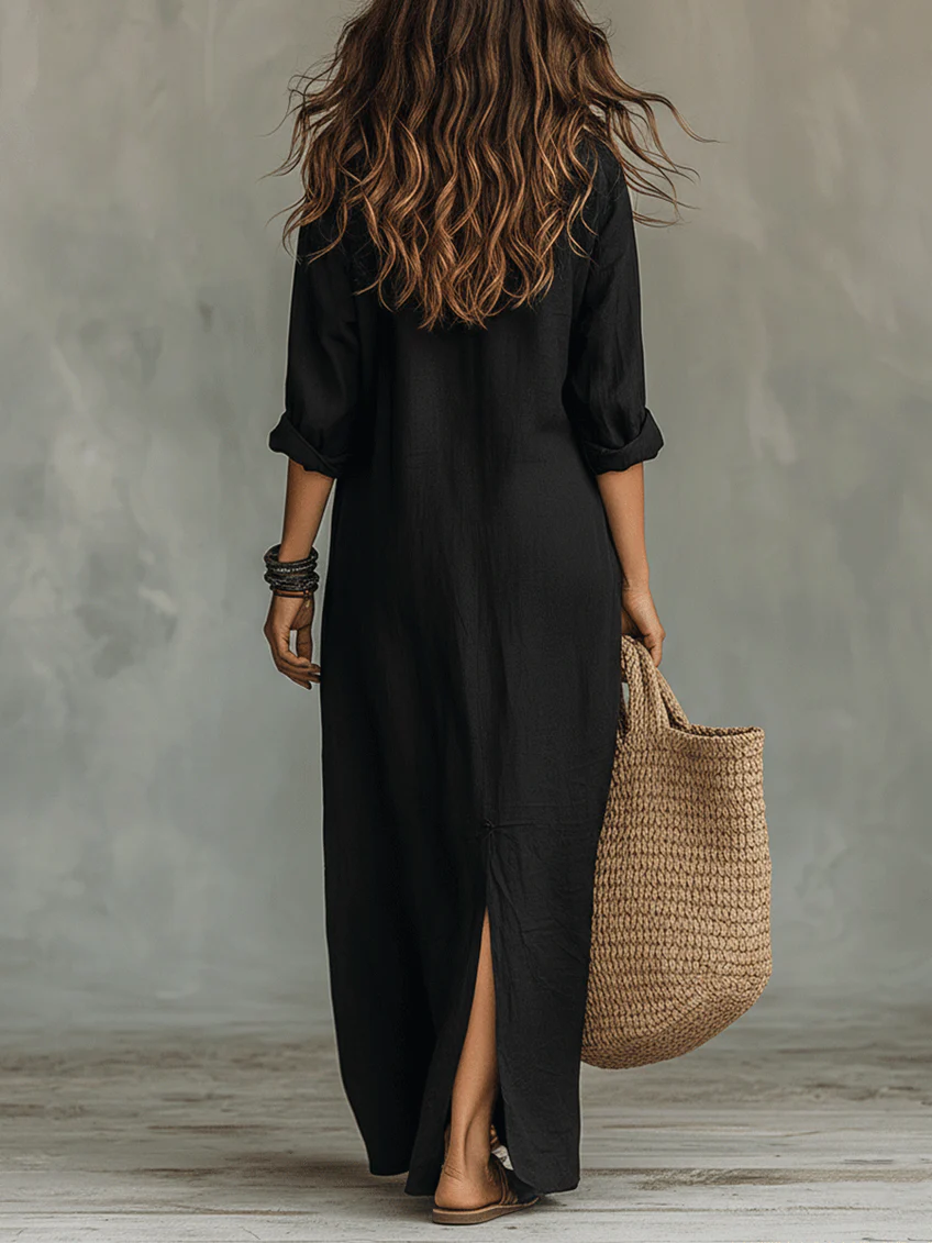 Soline | Black Long Flowy Dress with Buttons
