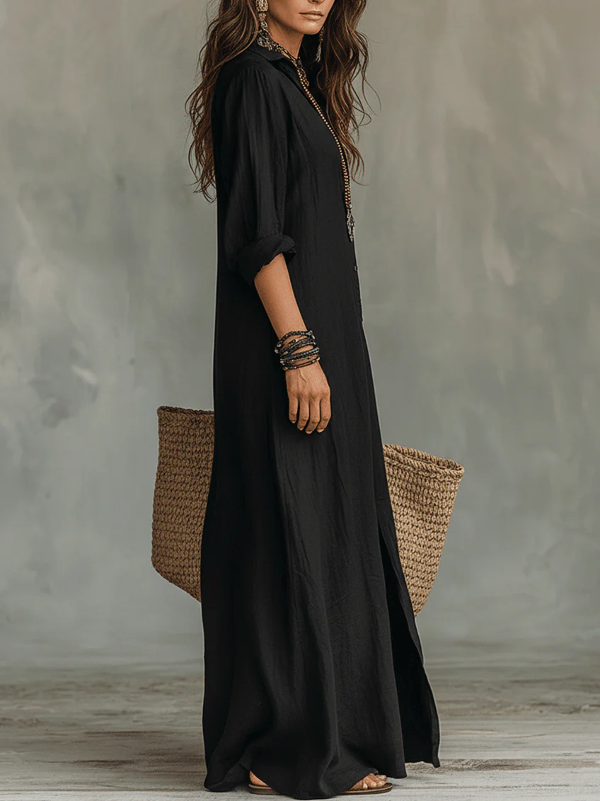 Soline | Black Long Flowy Dress with Buttons
