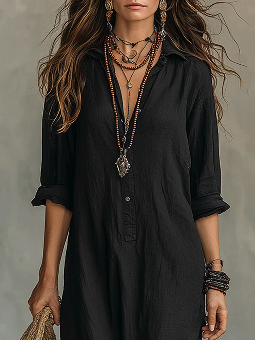 Soline | Black Long Flowy Dress with Buttons