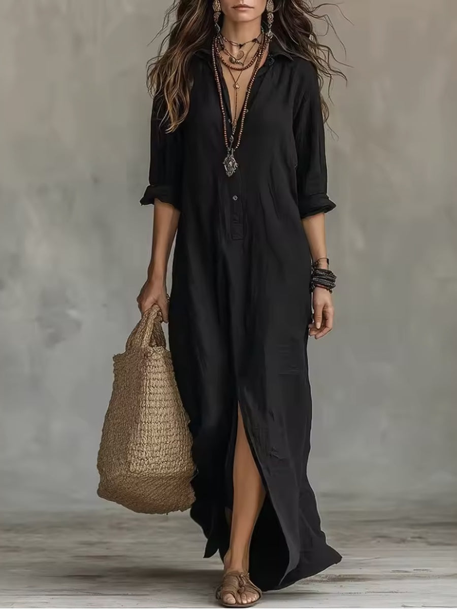 Soline | Black Long Flowy Dress with Buttons